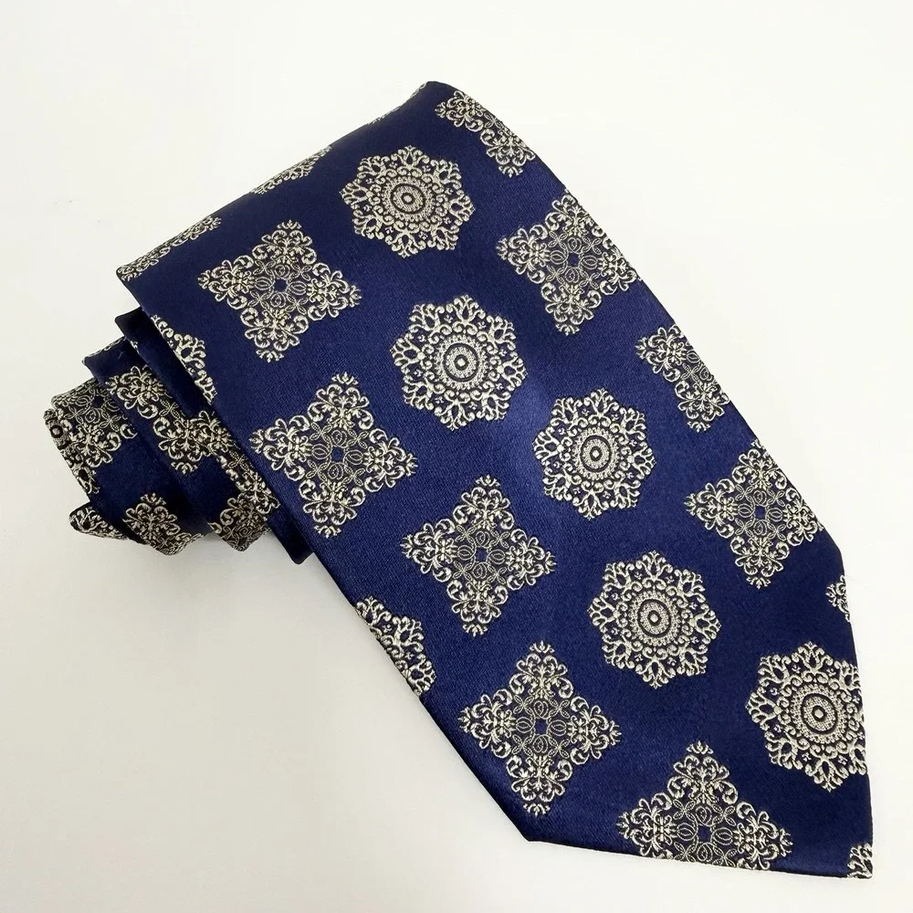 Versace Men's Tie Floral Navy Blue & Silver Silk Japan 3.75